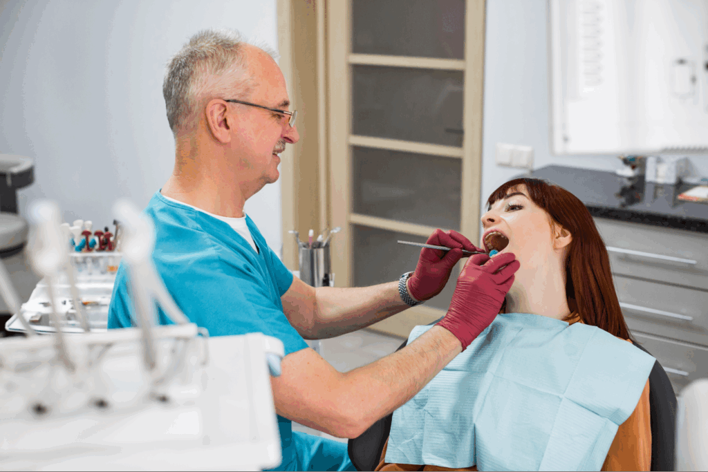 A dentist working on a teenager’s teeth.